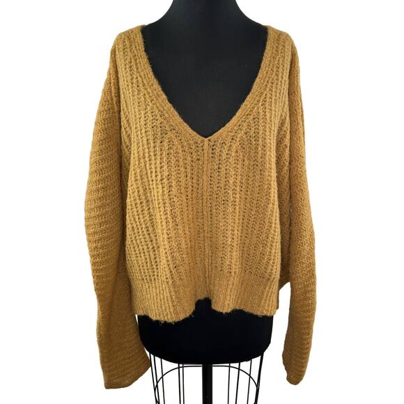 FREE PEOPLE Mustard Yellow Long Sleeve V-Neck Alpaca Blend Oversized Sweater M - Picture 1 of 8